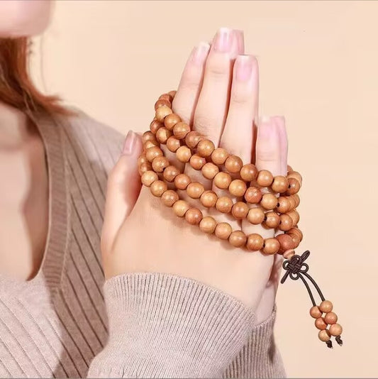 108 Beads Natural Aged Peach Wood Mala Bracelet, Unisex Multi-Layer Prayer Bead Strand, Handmade Cultural Jewelry Gift for Men & Women