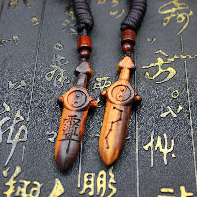 Hand Carved Big Dipper Wooden Sword Keychain, Lei Strike Peach & Crape Myrtle Wood Portable Amulet Pendant