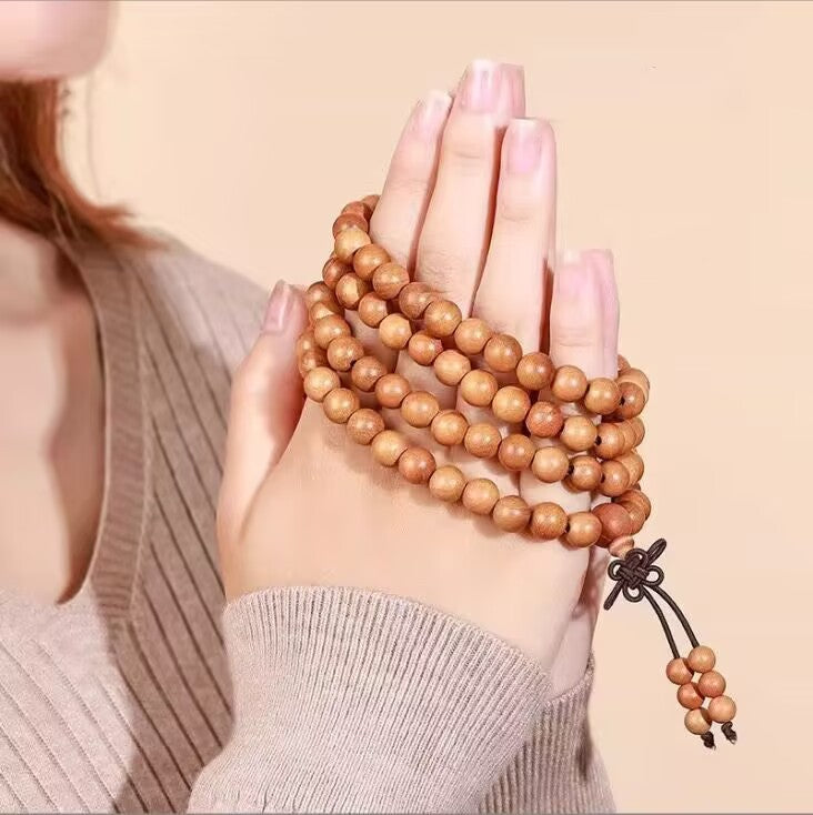 108 Beads Natural Aged Peach Wood Mala Bracelet, Unisex Multi-Layer Prayer Bead Strand, Handmade Cultural Jewelry Gift for Men & Women