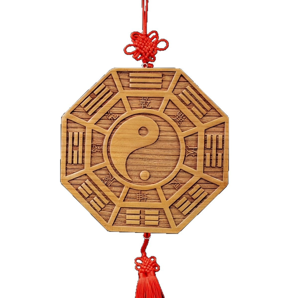 Natural Peach Wood Bagua Hanging Ornament, Traditional Taiji Yin-Yang Five Elements Plaque with Vintage Coin Charm, Home Entrance Wall Decor