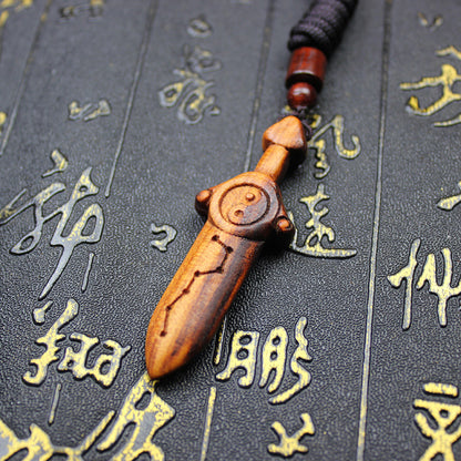 Hand Carved Big Dipper Wooden Sword Keychain, Lei Strike Peach & Crape Myrtle Wood Portable Amulet Pendant