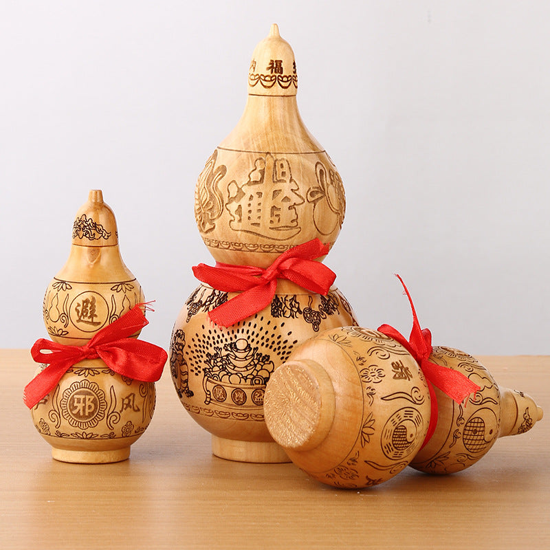 Large Peach Wood Gourd Statue, Carved Openable Gourd Ornament, Chinese Style Home Living Room Decor, Wholesale Available