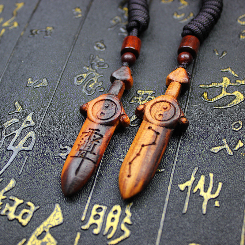 Hand Carved Big Dipper Wooden Sword Keychain, Lei Strike Peach & Crape Myrtle Wood Portable Amulet Pendant