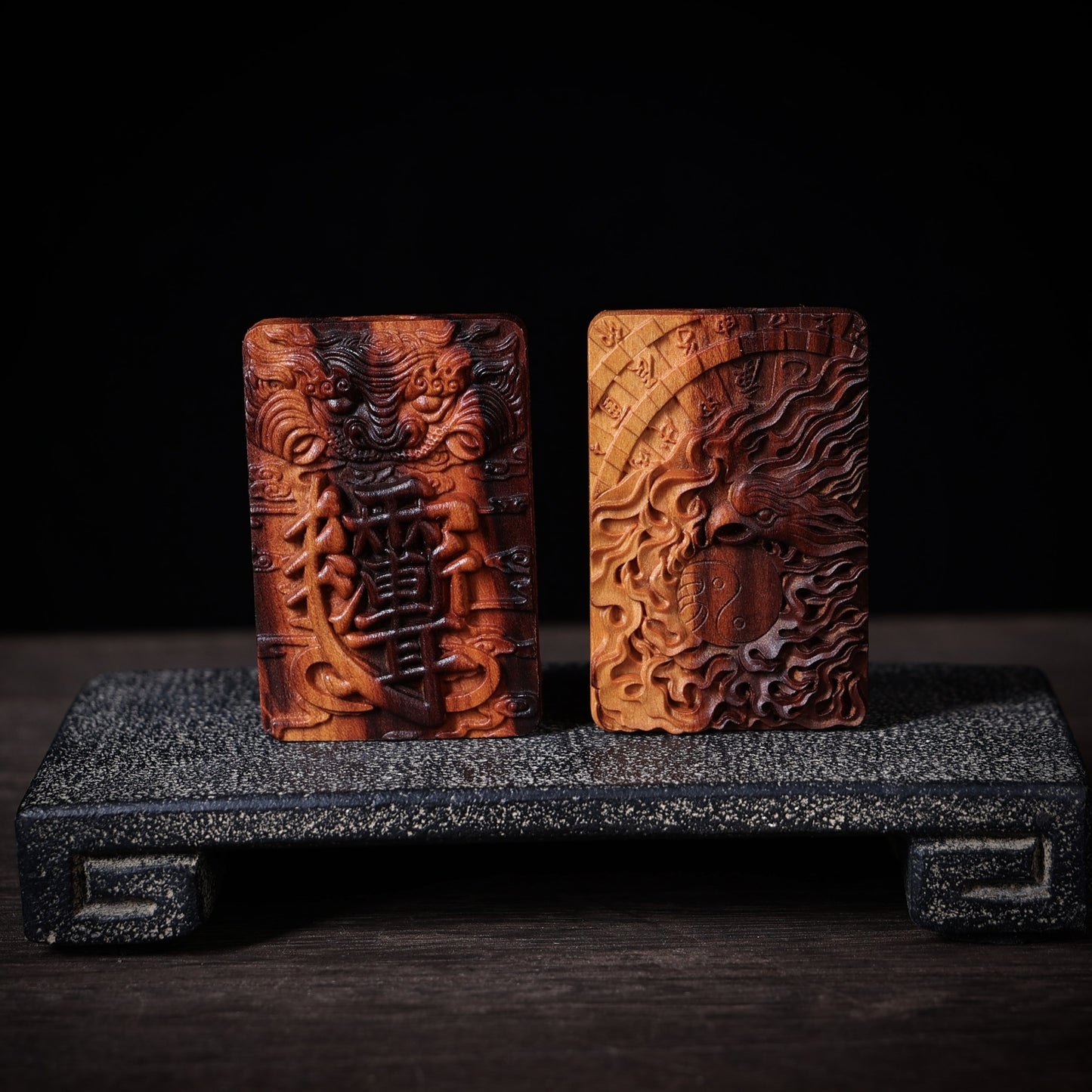 Lightning-Struck Old Peach Wood Pendant, Hand-Carved Heavenly Stems & Earthly Branches Totem Charm