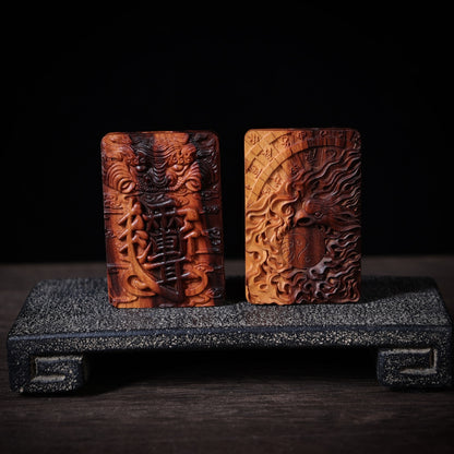 Lightning-Struck Old Peach Wood Pendant, Hand-Carved Heavenly Stems & Earthly Branches Totem Charm