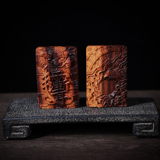 Lightning-Struck Old Peach Wood Pendant, Hand-Carved Heavenly Stems & Earthly Branches Totem Charm