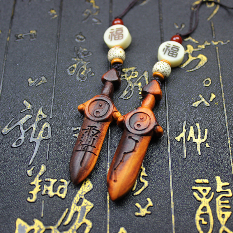 Hand Carved Big Dipper Wooden Sword Keychain, Lei Strike Peach & Crape Myrtle Wood Portable Amulet Pendant